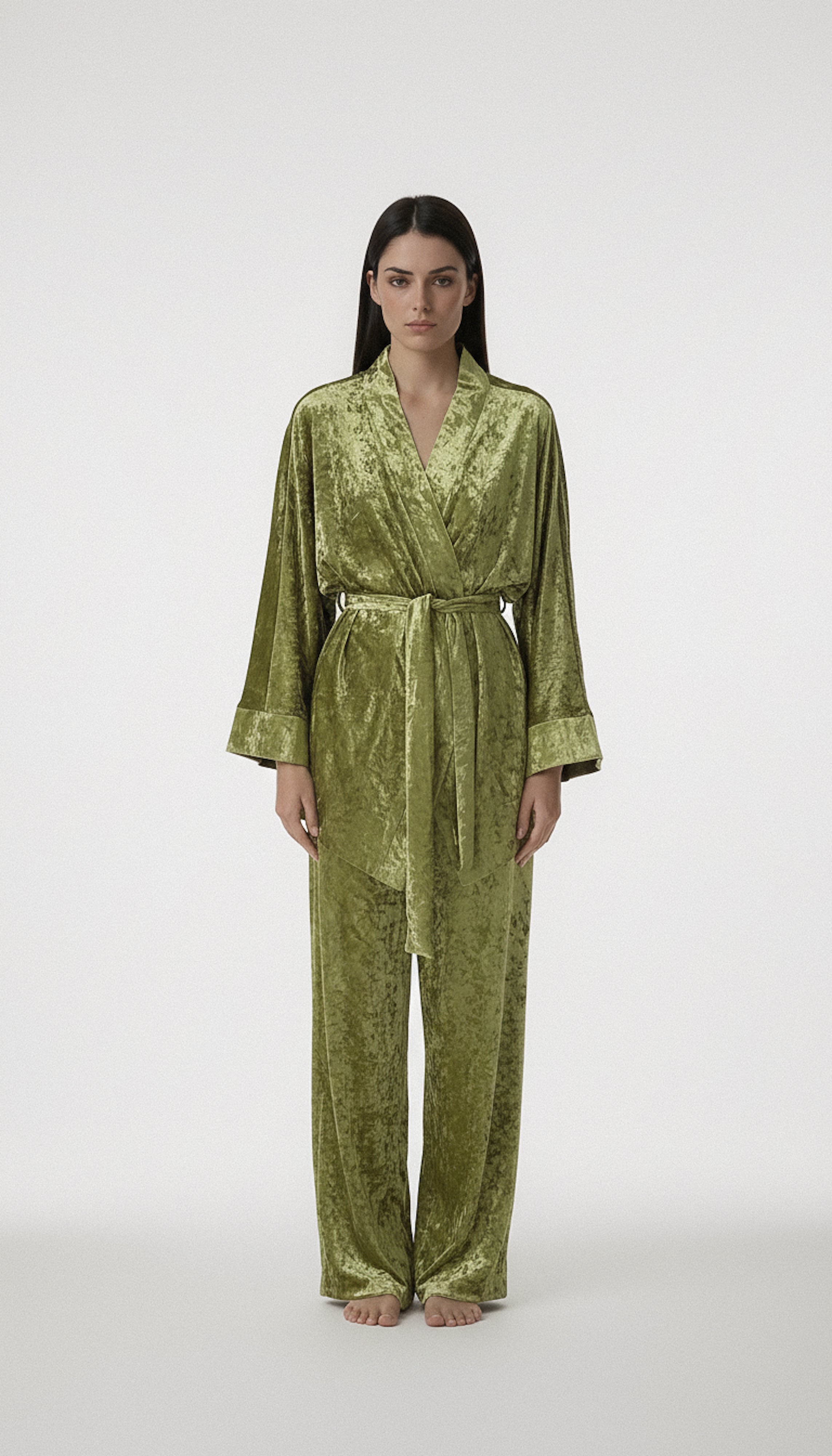 Women’s Velvet Tie Waist Lounge Set - Cozy Long Sleeve Top & Pants
