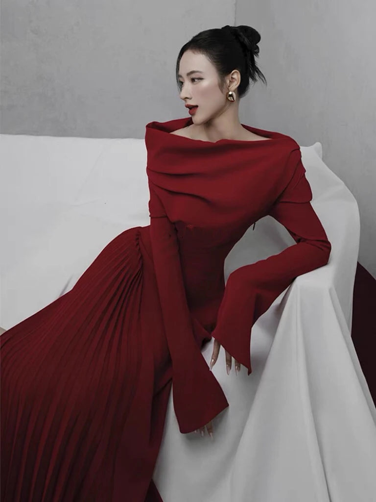 High Waist Pleated Ankle-length Dress