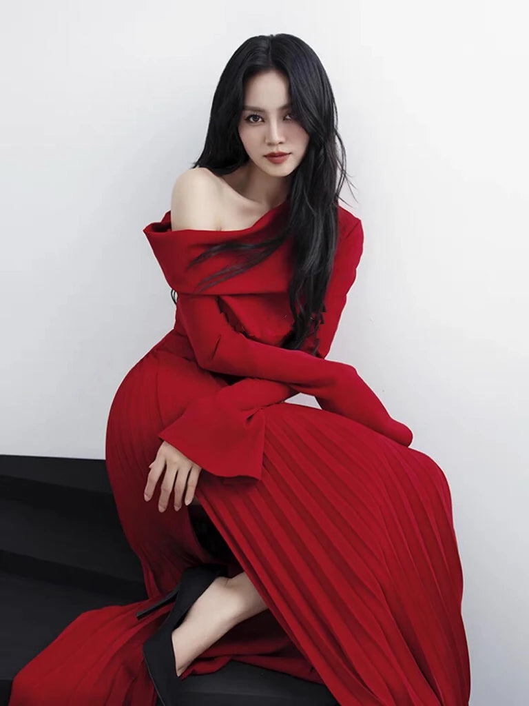 High Waist Pleated Ankle-length Dress